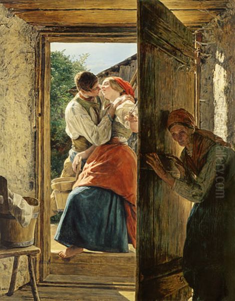 Belauschte Liebesleute Oil Painting by Ferdinand Georg Waldmuller