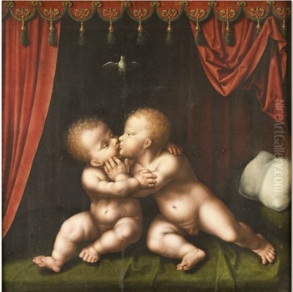 Holy Infants Kissing Oil Painting by Joos Van Cleve