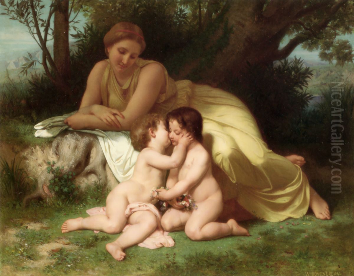 Young Woman Contemplating Two Embracing Children Oil Painting by William-Adolphe Bouguereau