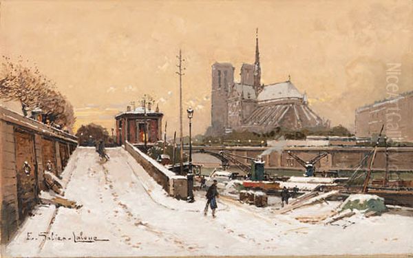 Barges in winter on the Seine with a view of Notre Dame in the distance. Oil Painting by Eugene Galien-Laloue