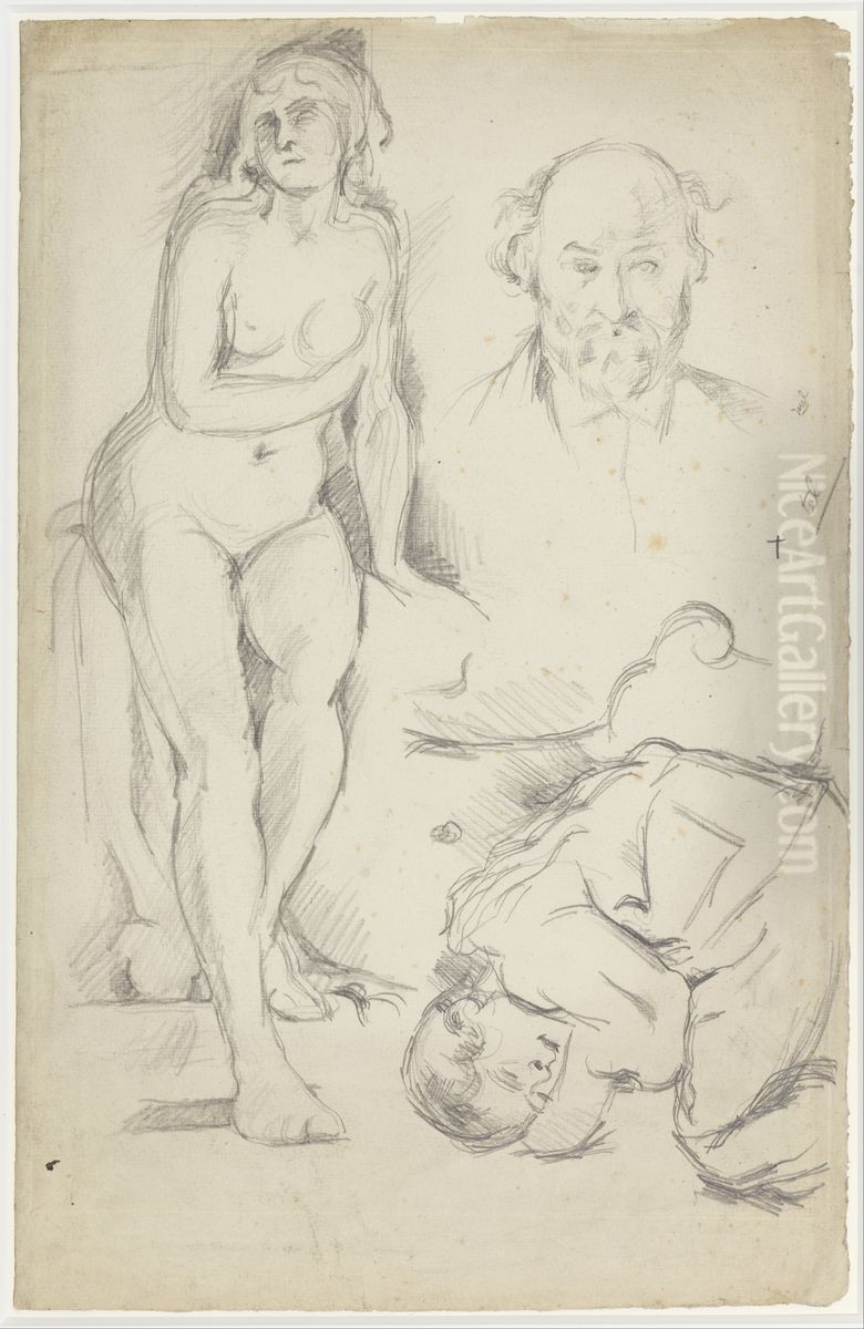 Studies of Three Figures, Including a Self-portrait Oil Painting by Paul Cezanne