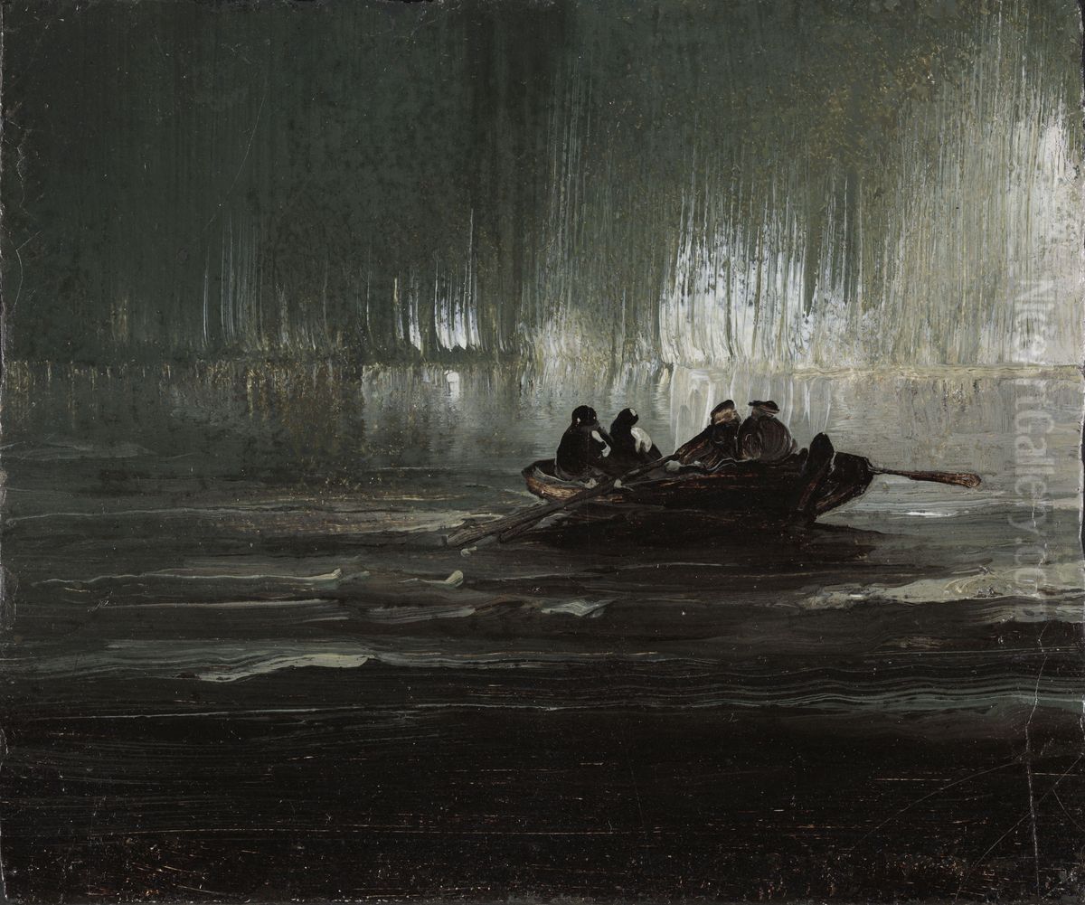 Nordlys over fire menn i robat Oil Painting by Peder Balke