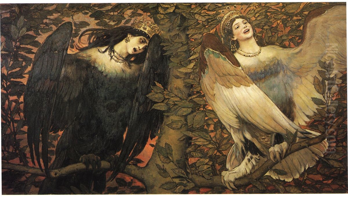 Sirin und Alkonost - Vogel der Freude und Sorge. Oil Painting by Viktor Vasnetsov