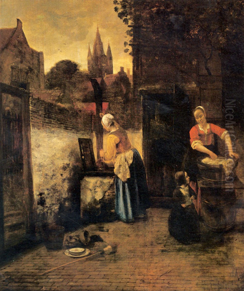 Two Women and a Child in a Courtyard Oil Painting by Pieter De Hooch