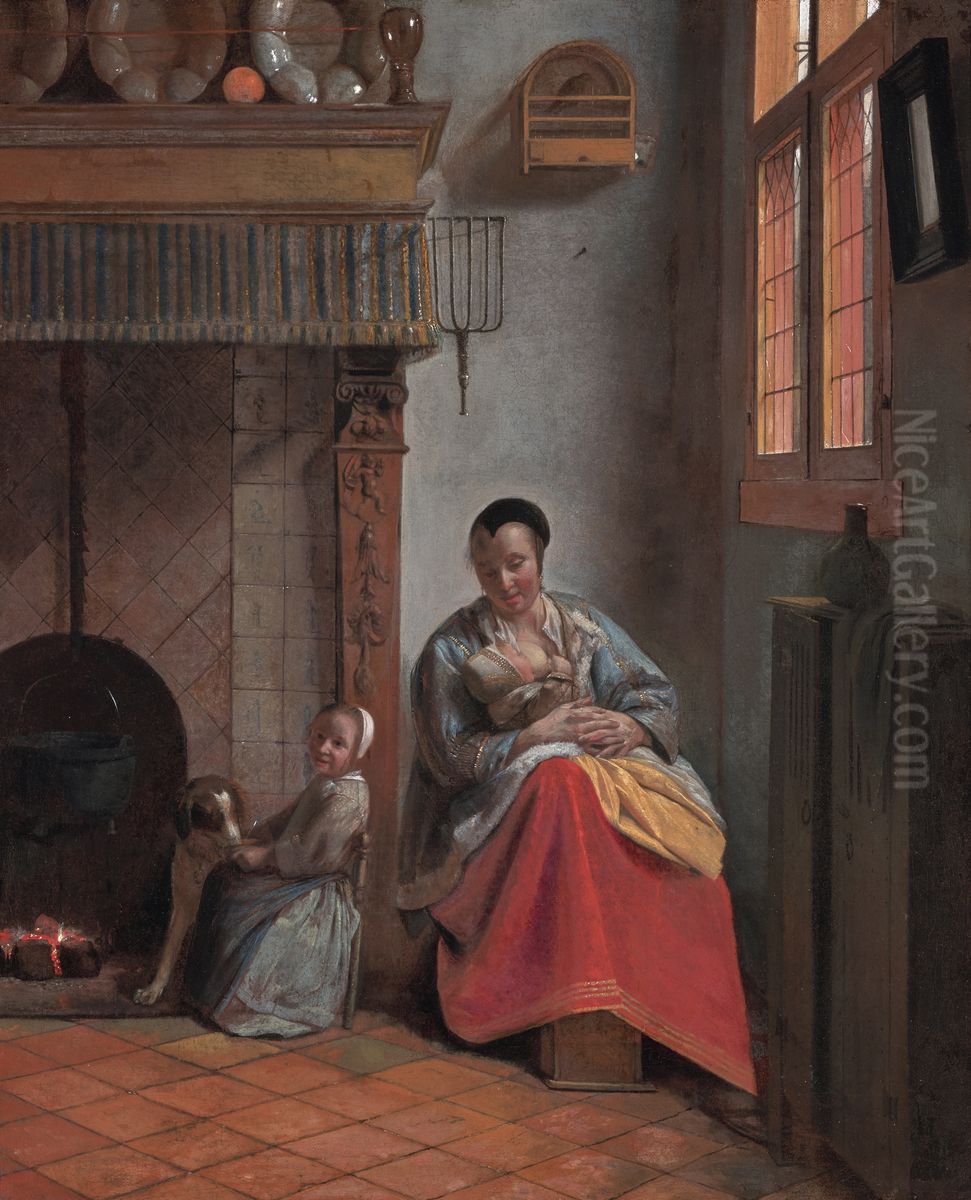 Woman nursing an infant, with a child and a dog Oil Painting by Pieter De Hooch