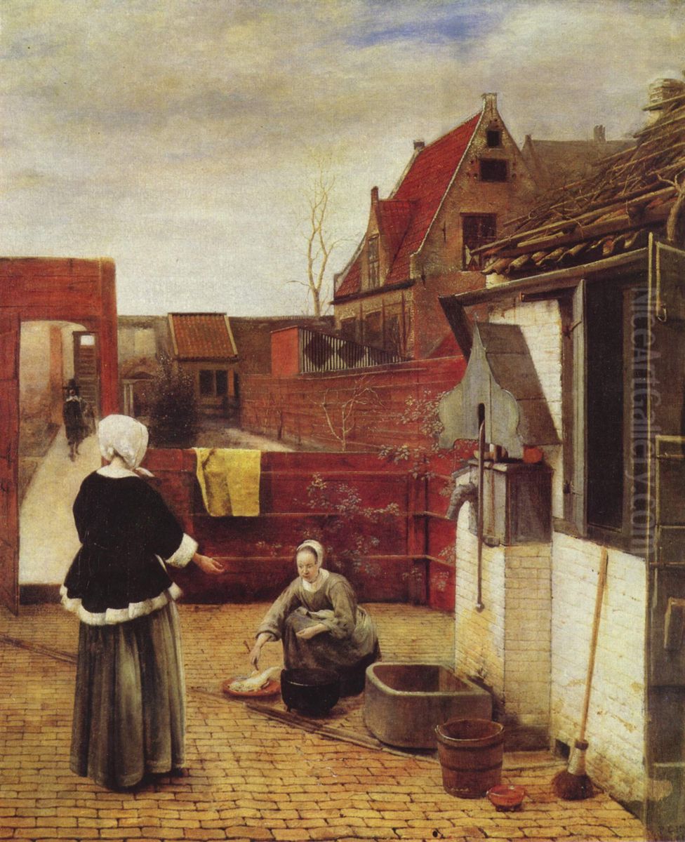 A Woman and her Maid in a Courtyard Oil Painting by Pieter De Hooch