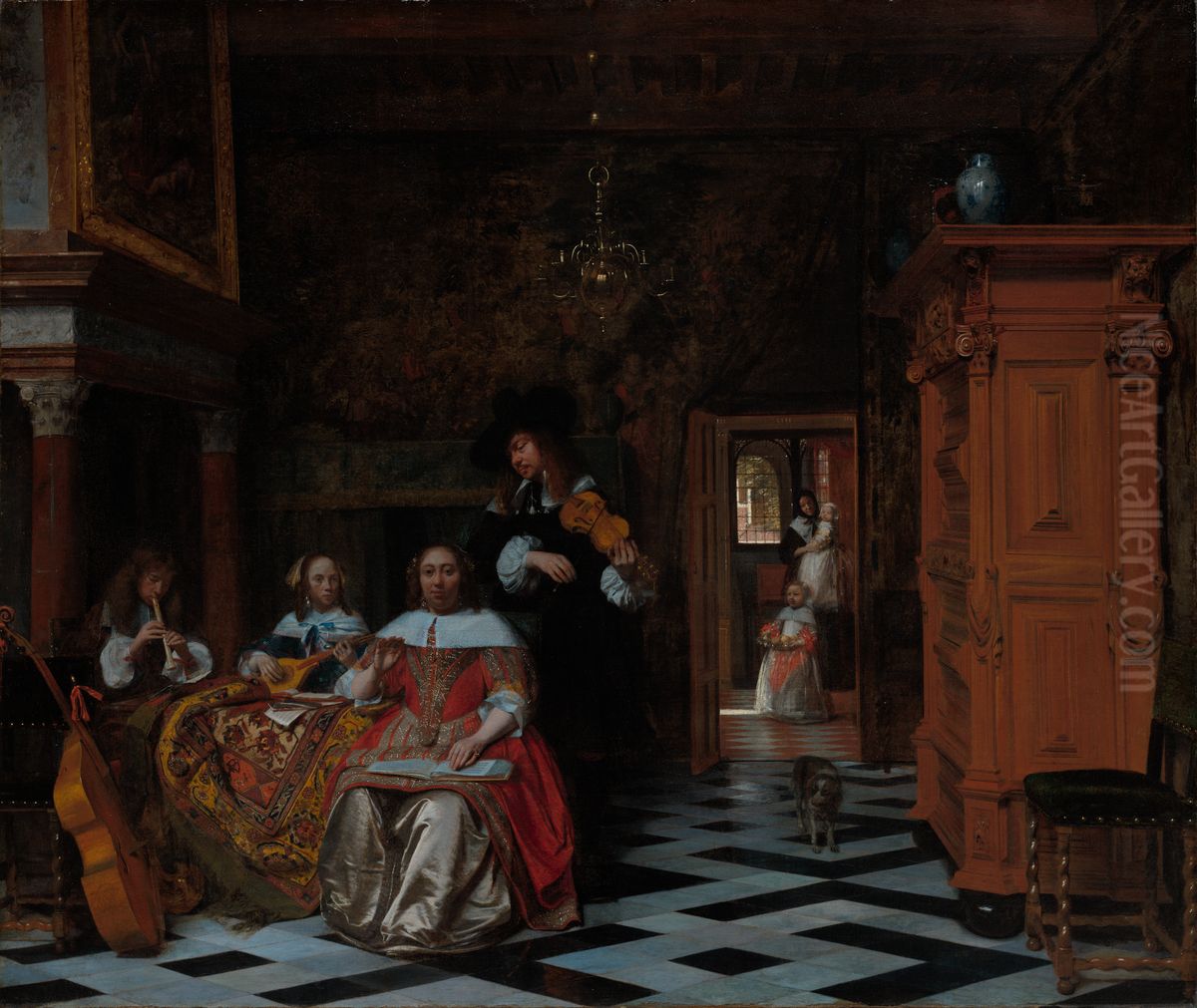 Portrait of a Family Playing Music Oil Painting by Pieter De Hooch