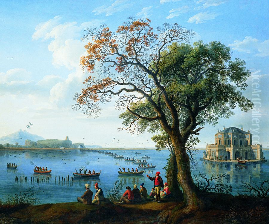 Ferdinand IV hunting for coots on Lake Fusaro Oil Painting by Jacob Philipp Hackert