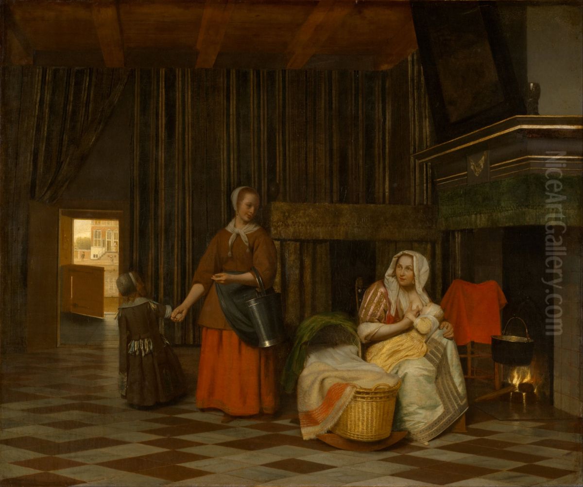 Suckling Mother and Maid Oil Painting by Pieter De Hooch