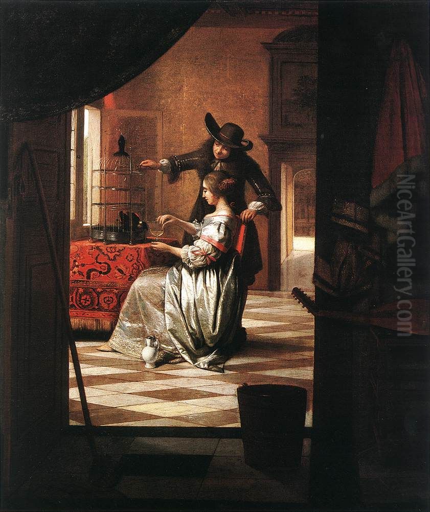 Couple with Parrot Oil Painting by Pieter De Hooch