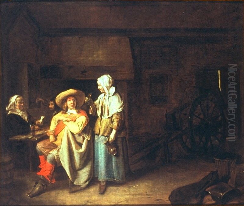 Interior of an inn with a soldier, a maid and cardplayers Oil Painting by Pieter De Hooch