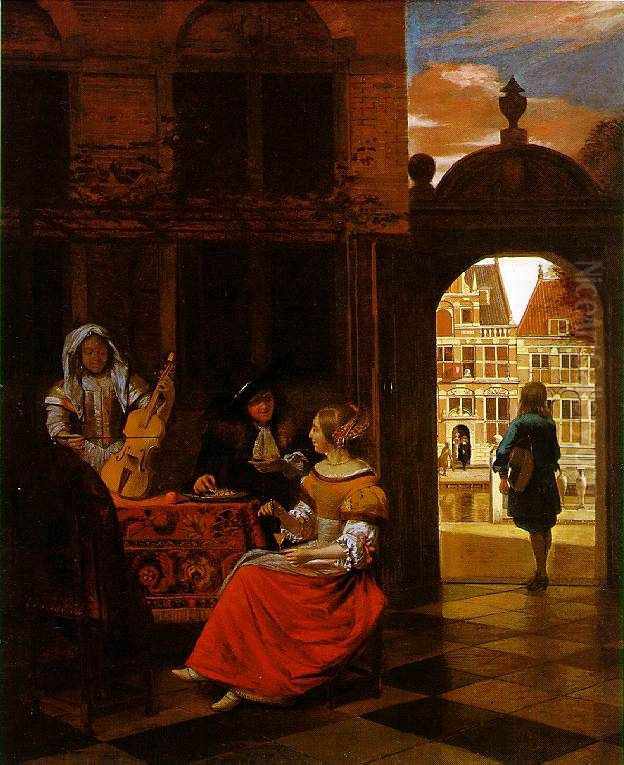 A Musical Party in a Courtyard Oil Painting by Pieter De Hooch
