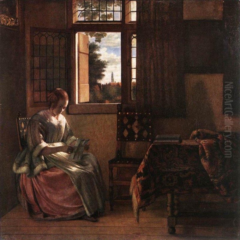 Woman Reading a Letter Oil Painting by Pieter De Hooch