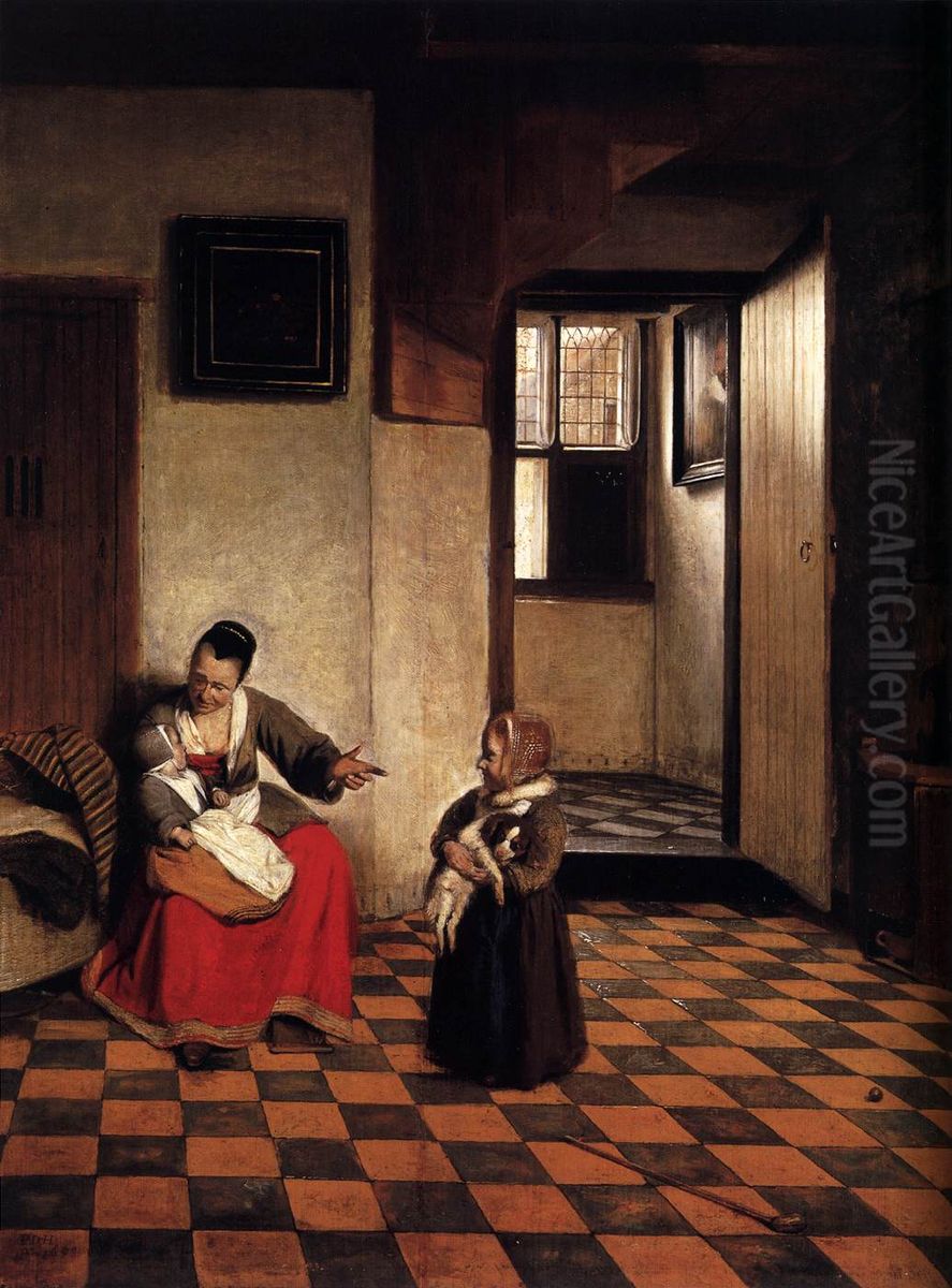 A Woman with a Baby in Her Lap, and a Small Child Oil Painting by Pieter De Hooch