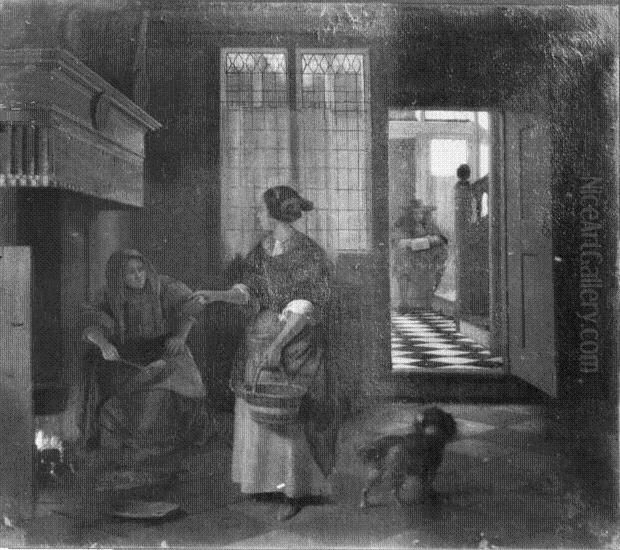 Interior with two women talking, a man and a dog Oil Painting by Pieter De Hooch