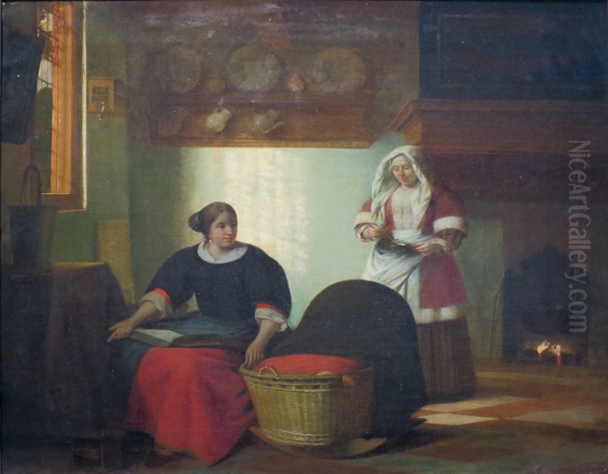 Interior with two women at a cradle Oil Painting by Pieter De Hooch