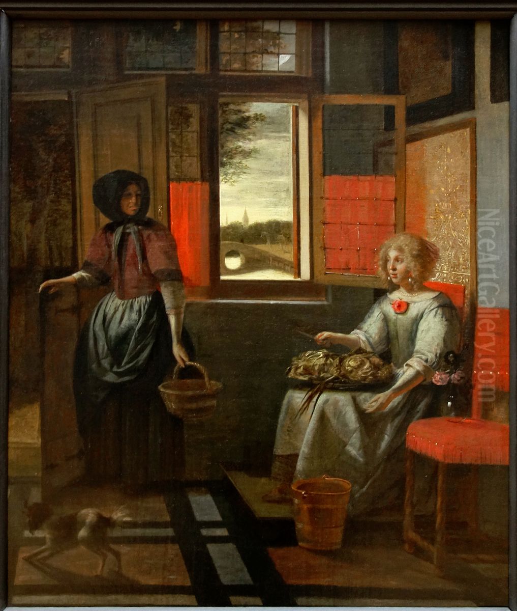 A Woman with a Serving Girl Oil Painting by Pieter De Hooch