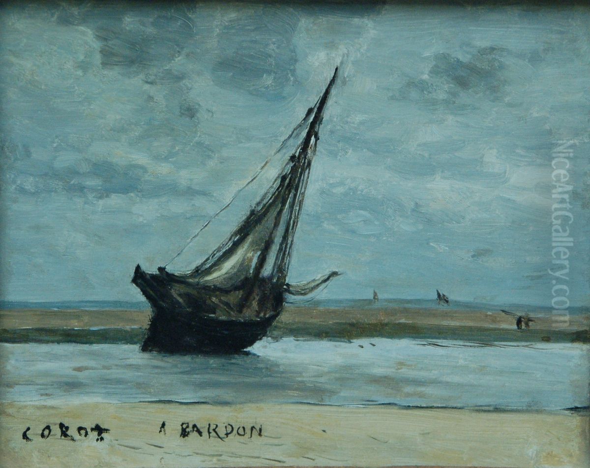 Trouville, bateau echoue Oil Painting by Jean-Baptiste Camille Corot