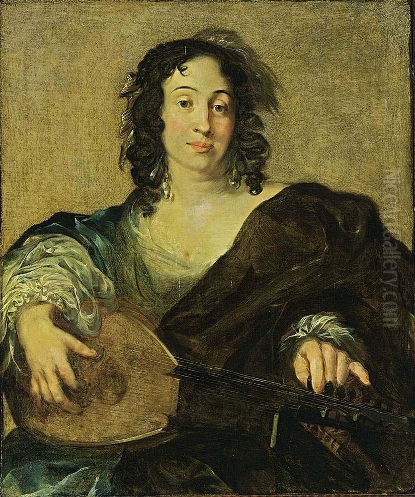 Courtesan with a Lute.[1] Oil Painting by Nicolaes Pieterszoon Berchem
