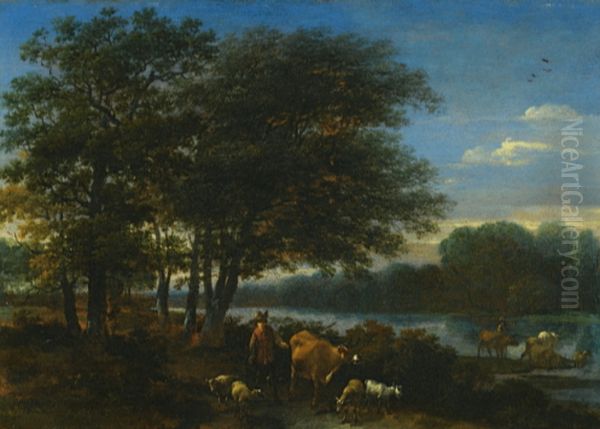 A brosky river landscape with herders and animals Oil Painting by Nicolaes Pieterszoon Berchem