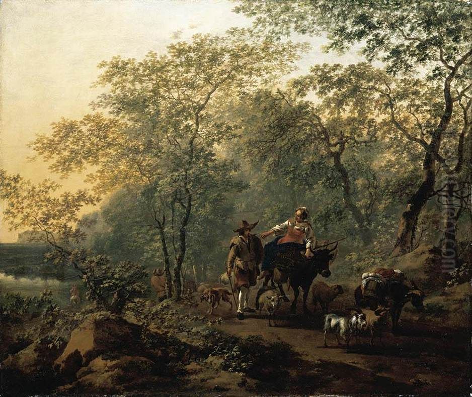 Boslandschap met vrouw op een os, een veedrijver met enkele dieren en een ezel Oil Painting by Nicolaes Pieterszoon Berchem