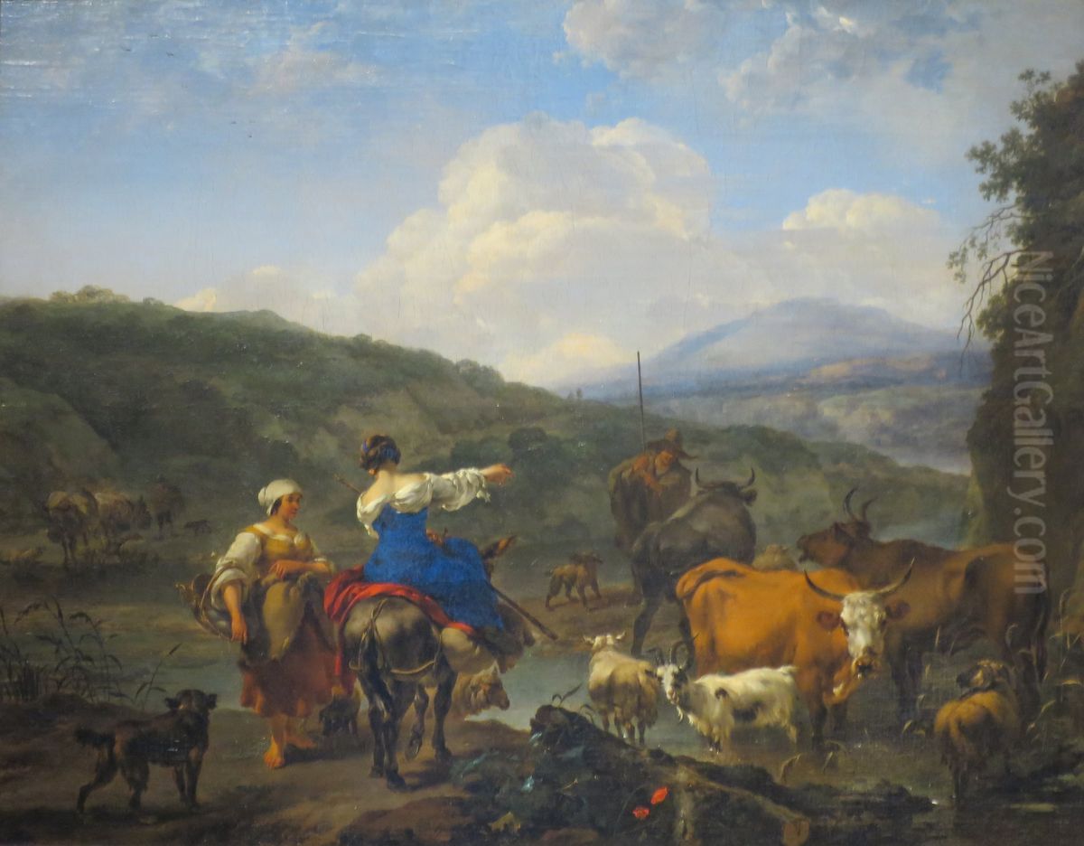 Cattle at a wattering place Oil Painting by Nicolaes Pieterszoon Berchem