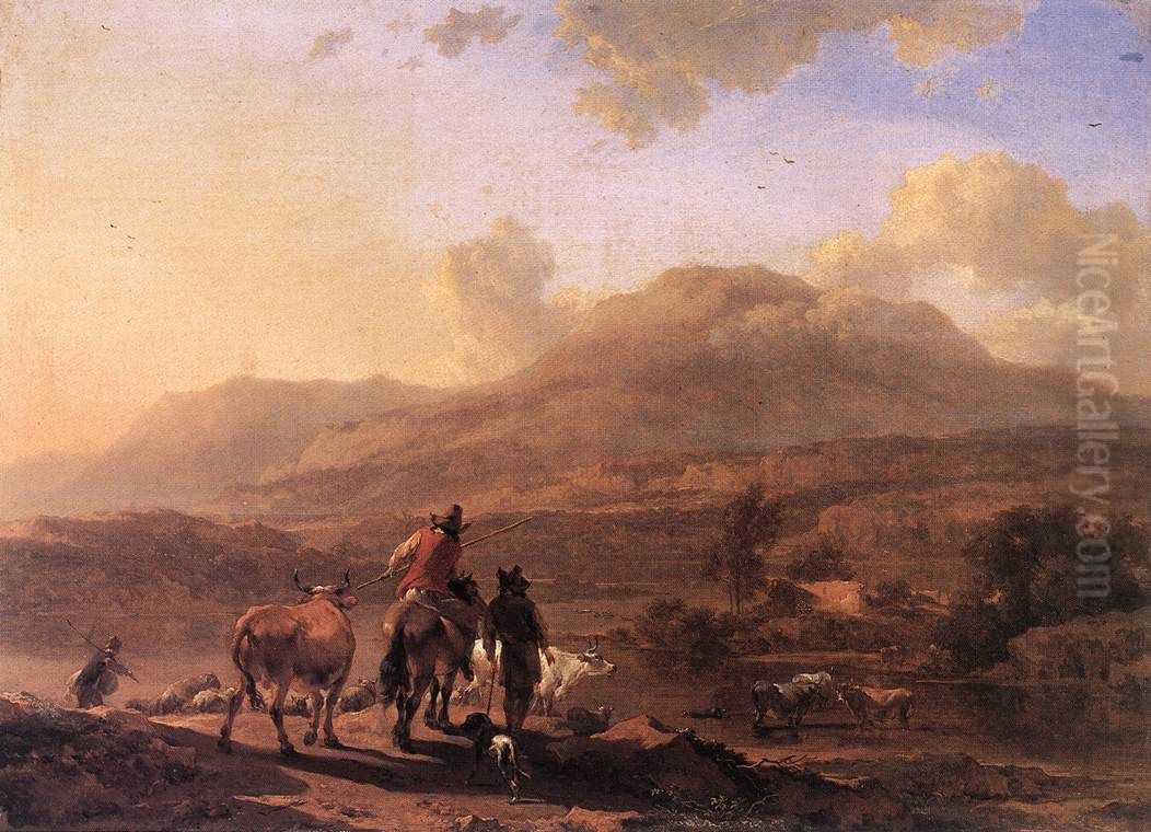Italienische Landschaft im Abendlicht Oil Painting by Nicolaes Pieterszoon Berchem