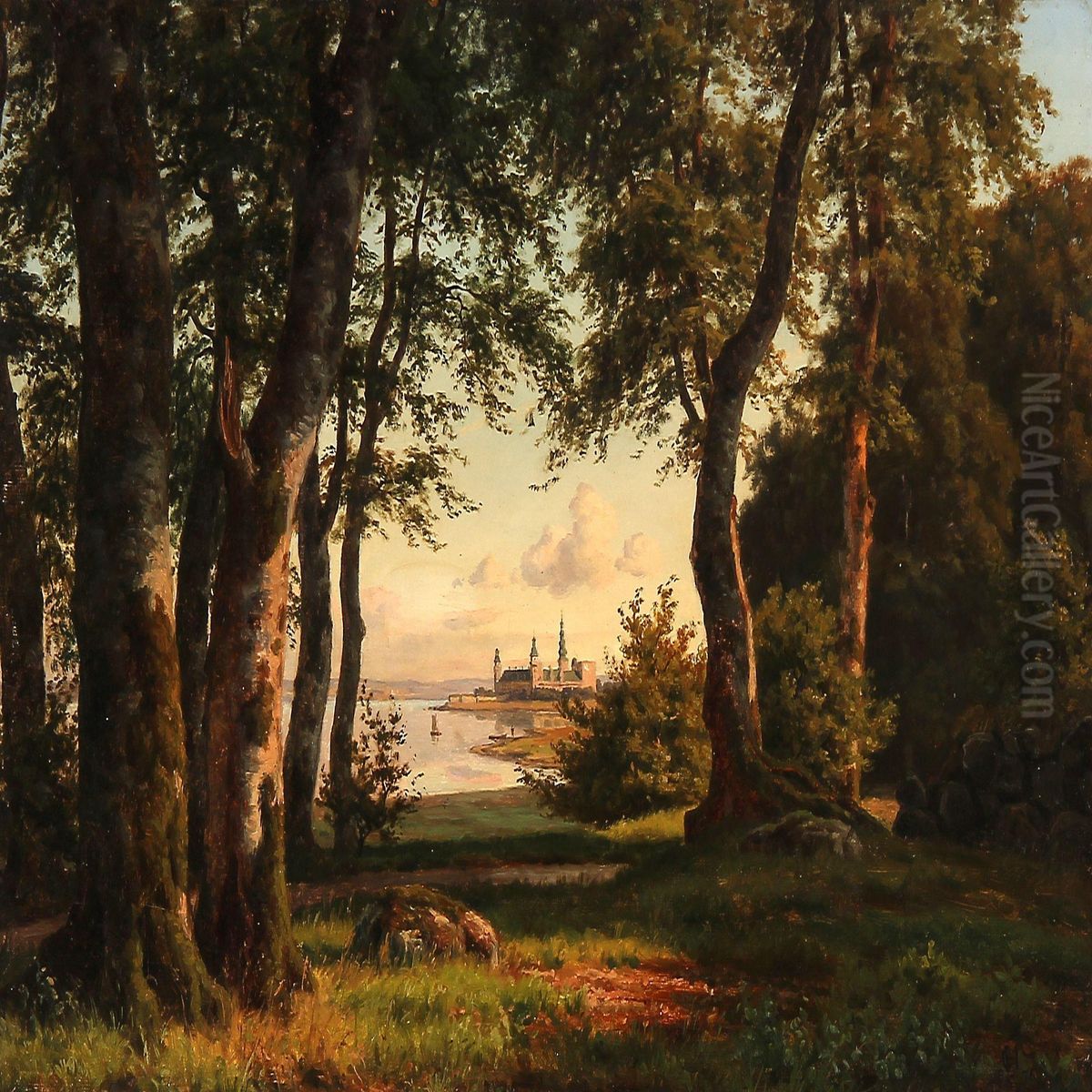Forest Glade With A View To Kronborg Castle Oil Painting by Carsten Henrichsen