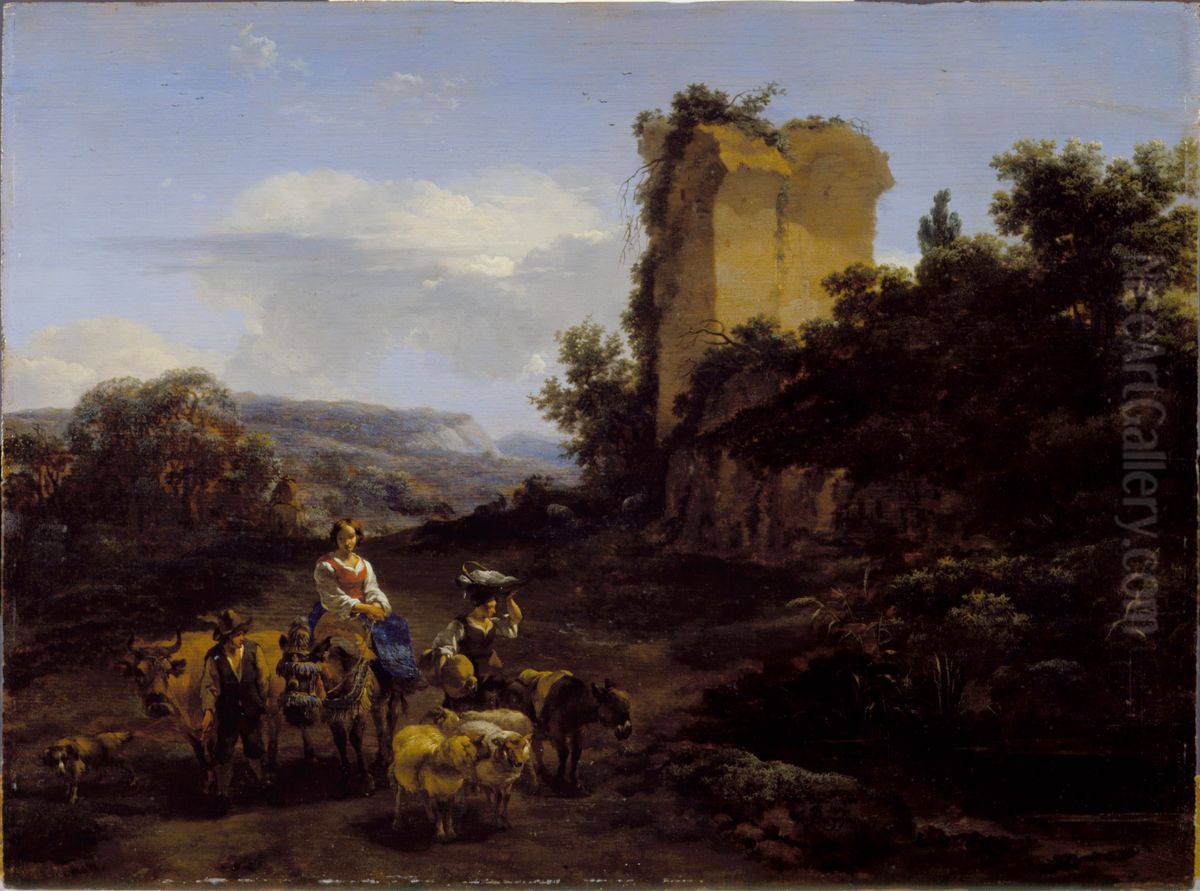 Landscape with Ruins and Travelers Oil Painting by Nicolaes Pieterszoon Berchem