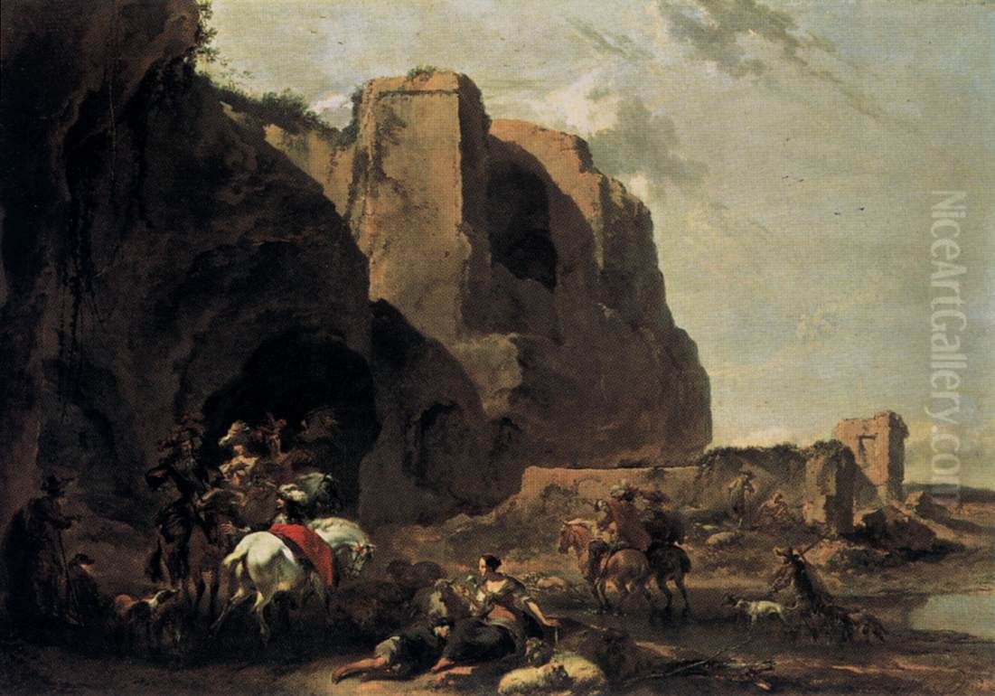 Zuidelijk landschap met valkenjagers bij een Romeinse ruine Oil Painting by Nicolaes Pieterszoon Berchem