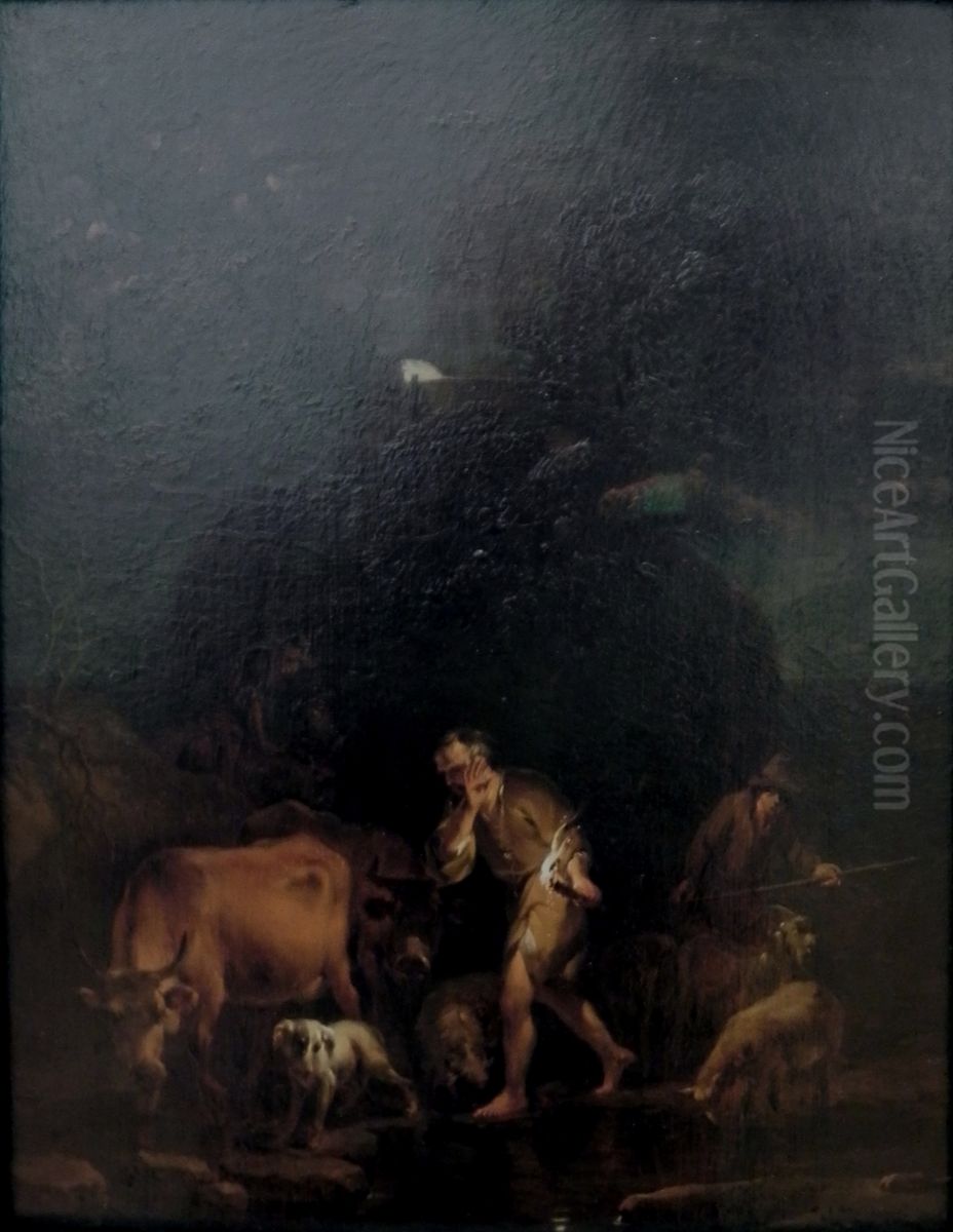 Shepherds in Moonlight by Torchlight Oil Painting by Nicolaes Pieterszoon Berchem