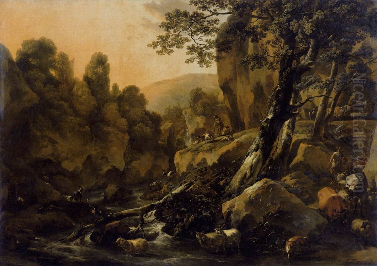 Herdsmen and Herds at a Waterfall Oil Painting by Nicolaes Pieterszoon Berchem