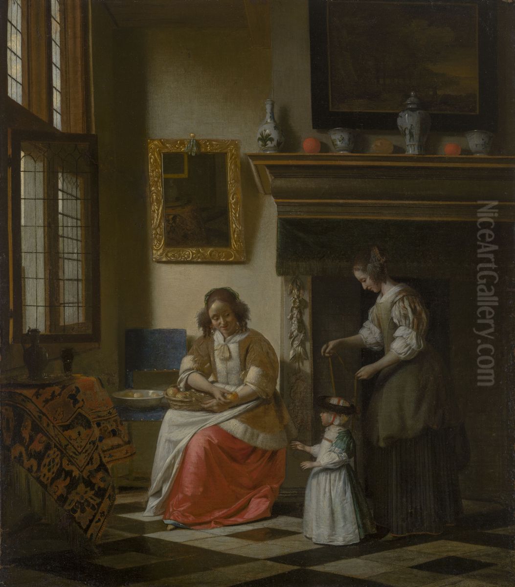 Two women teaching a child to walk in an interior Oil Painting by Pieter De Hooch