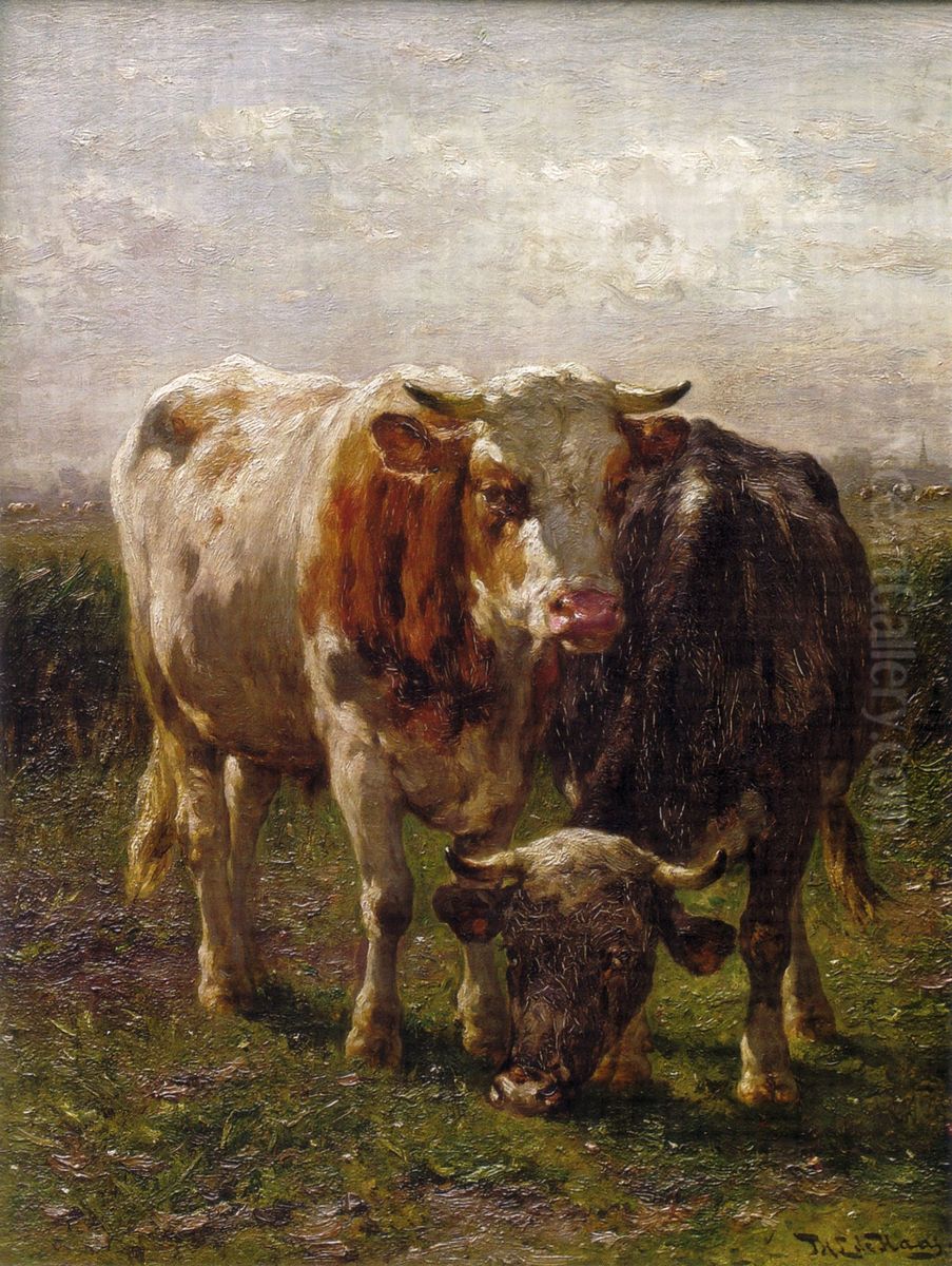 Bull and cow in the floodplains at Oosterbeek Oil Painting by Johannes-Hubertus-Leonardus de Haas