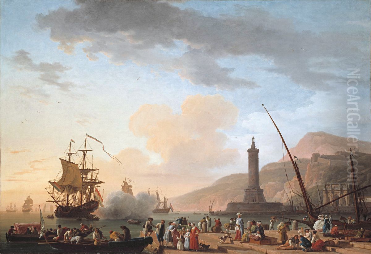 A Seaport at SunsetPortugues:Porto ao por-do-sol Oil Painting by Joseph Vernet