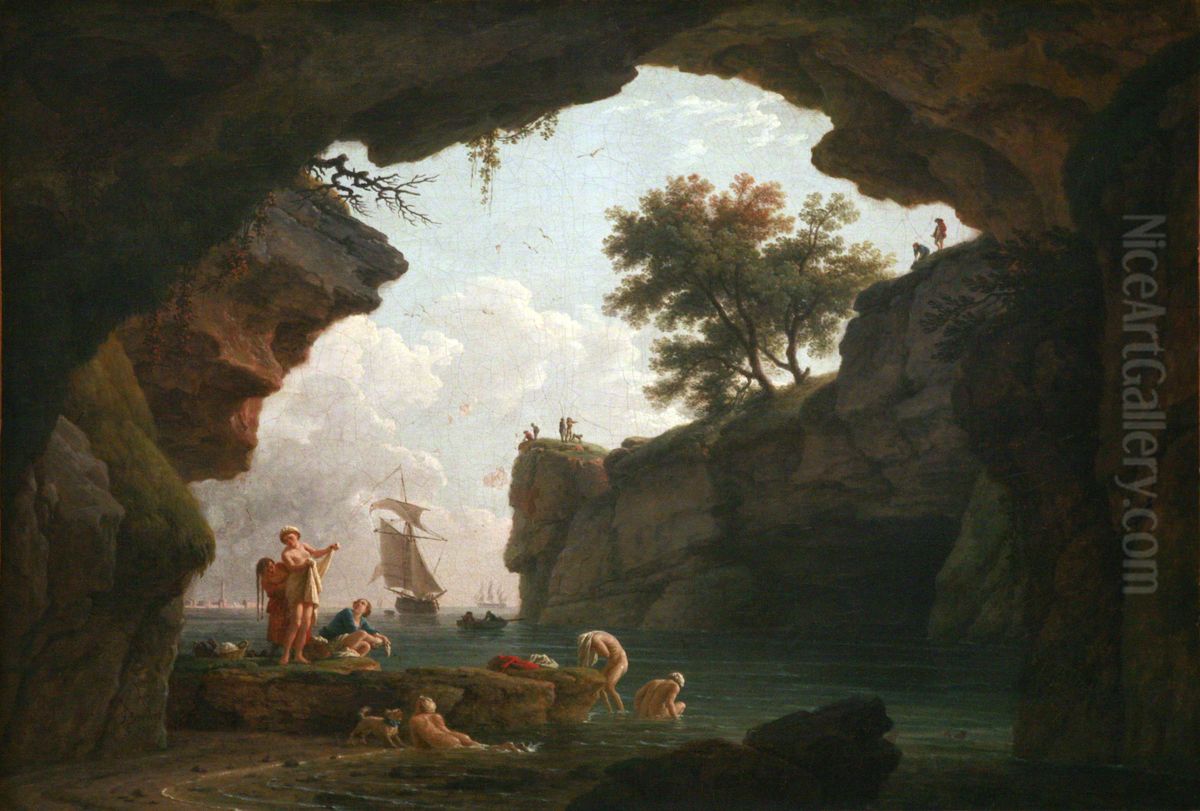 Marine. Baigneurs et baigneuses a l'entree d'une grotte Oil Painting by Joseph Vernet