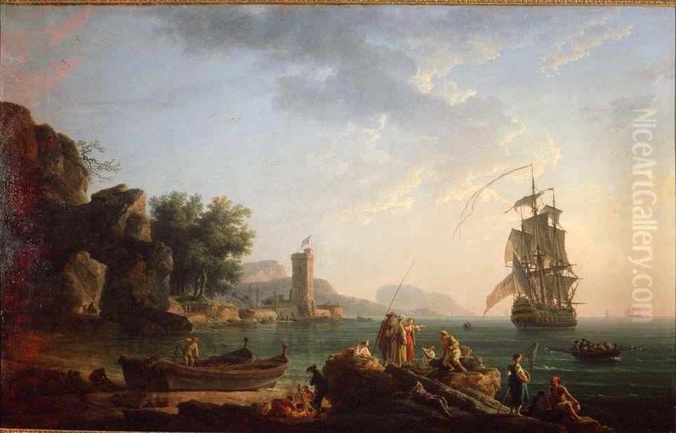 Coast scene with British man of war Oil Painting by Joseph Vernet
