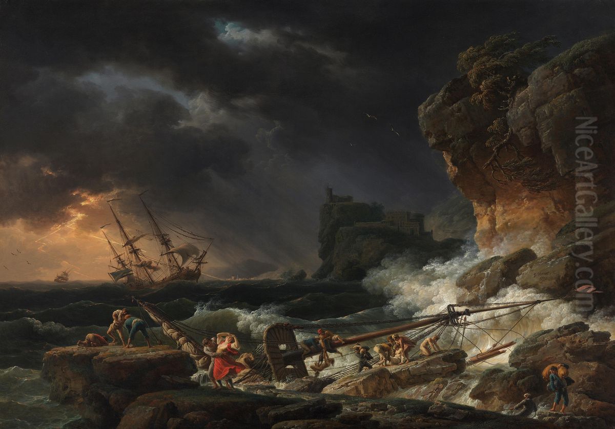 Shipwreck in a thunderstorm Oil Painting by Joseph Vernet