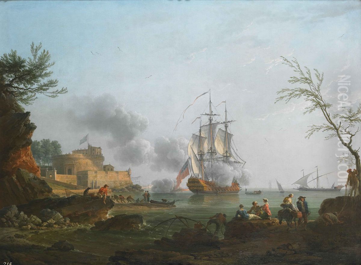 The entrance to a harbor with a ship firing a salute Oil Painting by Joseph Vernet