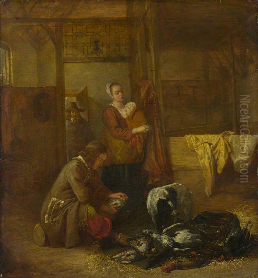 A Man with Dead Birds, and Other Figures, in a Stable Oil Painting by Pieter De Hooch