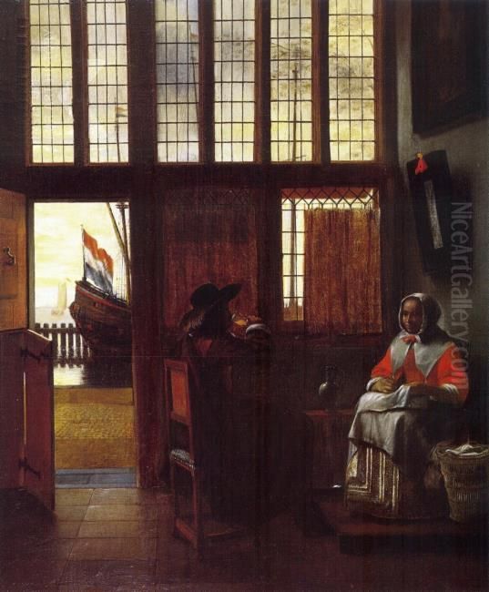 Interior looking out on water Oil Painting by Pieter De Hooch