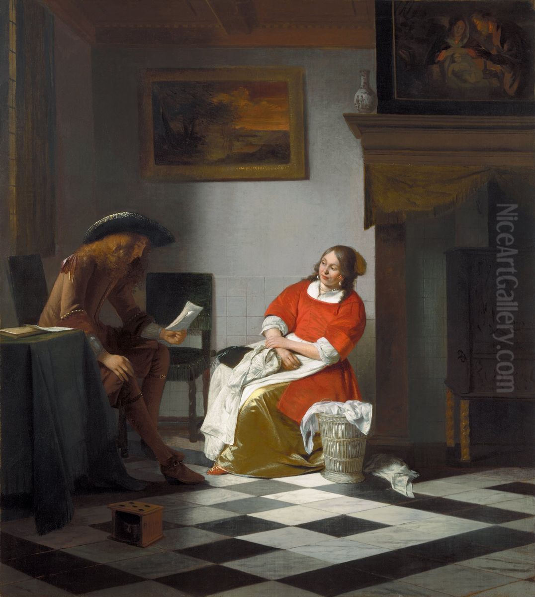 A man reading a letter to a woman in a distinguished interior Oil Painting by Pieter De Hooch