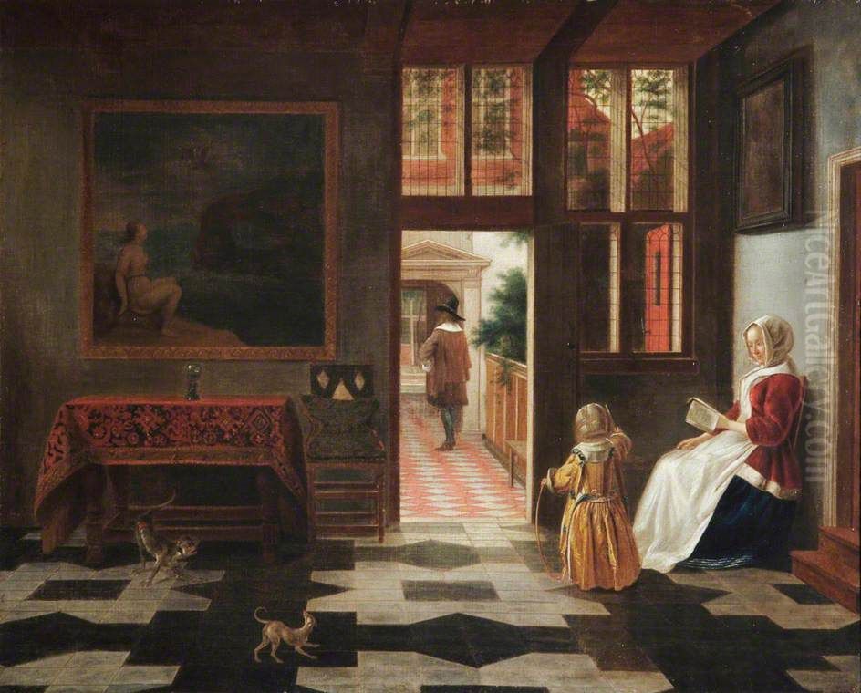 Woman reading and a child in an interior Oil Painting by Pieter De Hooch