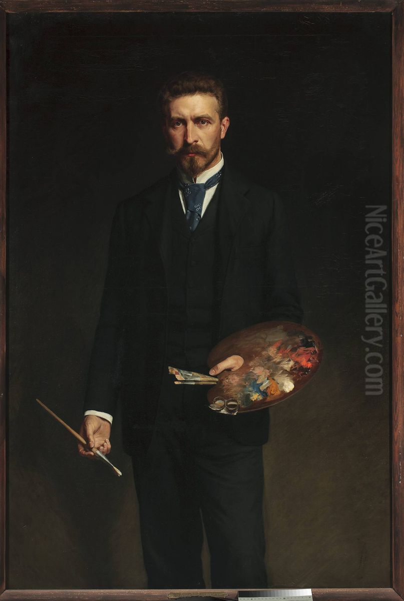 Self-portrait with palette Oil Painting by Kazimierz Pochwalski