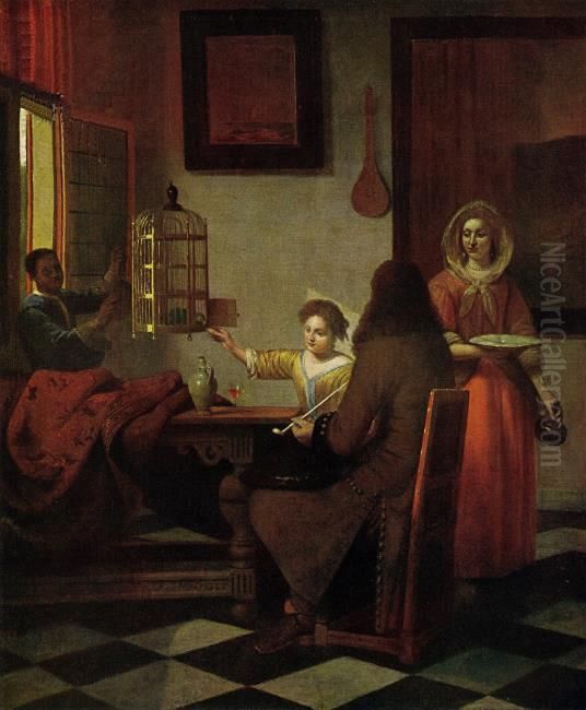Company with a black page and a woman feeding a parrot Oil Painting by Pieter De Hooch