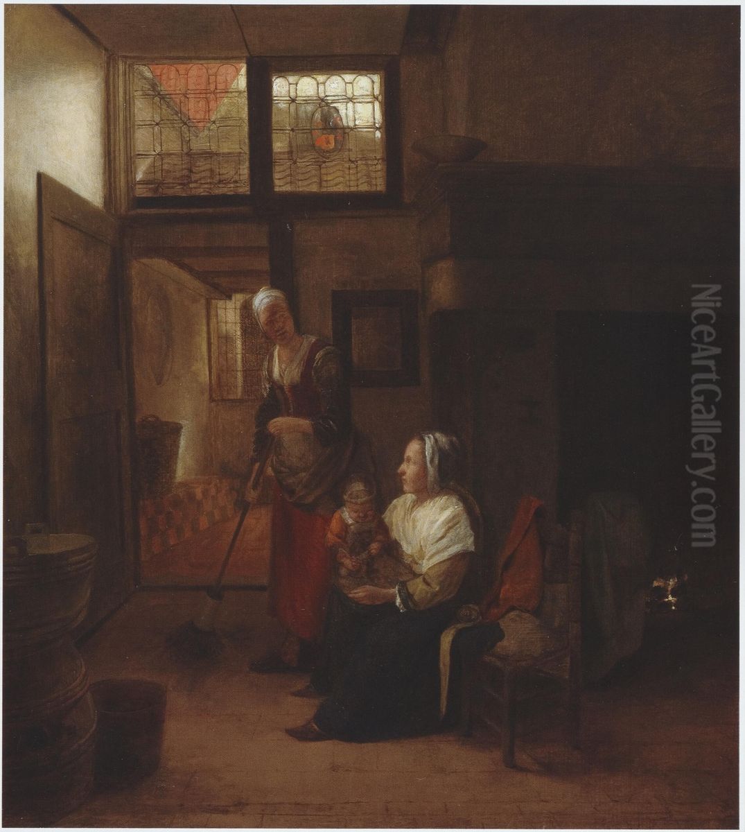 Interior with mother and child and a maid sweeping Oil Painting by Pieter De Hooch