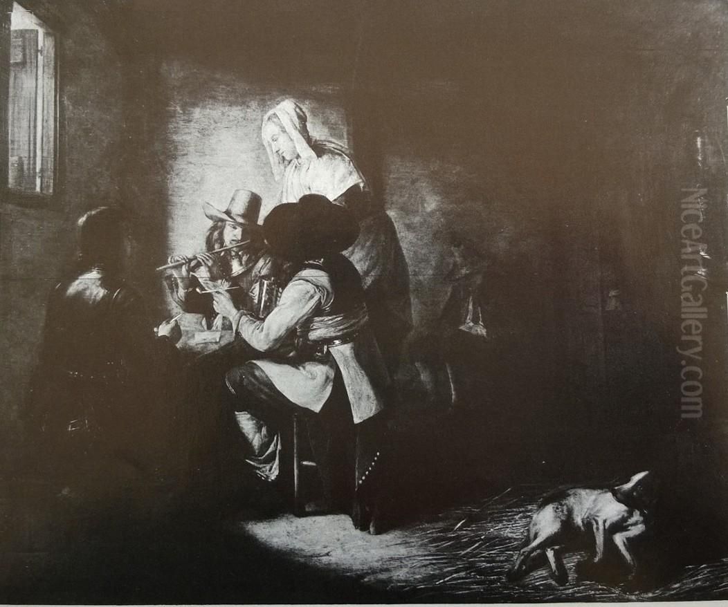 Soldiers and a landlady in a tavern Oil Painting by Pieter De Hooch