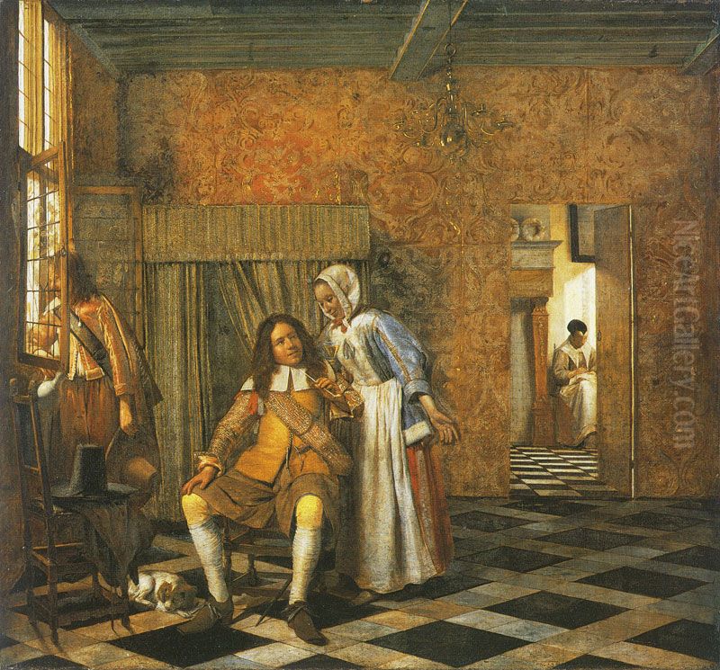 Two men and a young woman in a distinguished interior Oil Painting by Pieter De Hooch