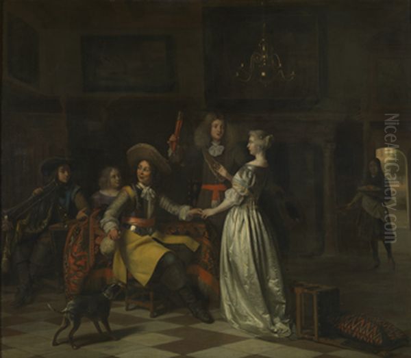 Merry company with a trumpet player in a distinguished interior Oil Painting by Pieter De Hooch