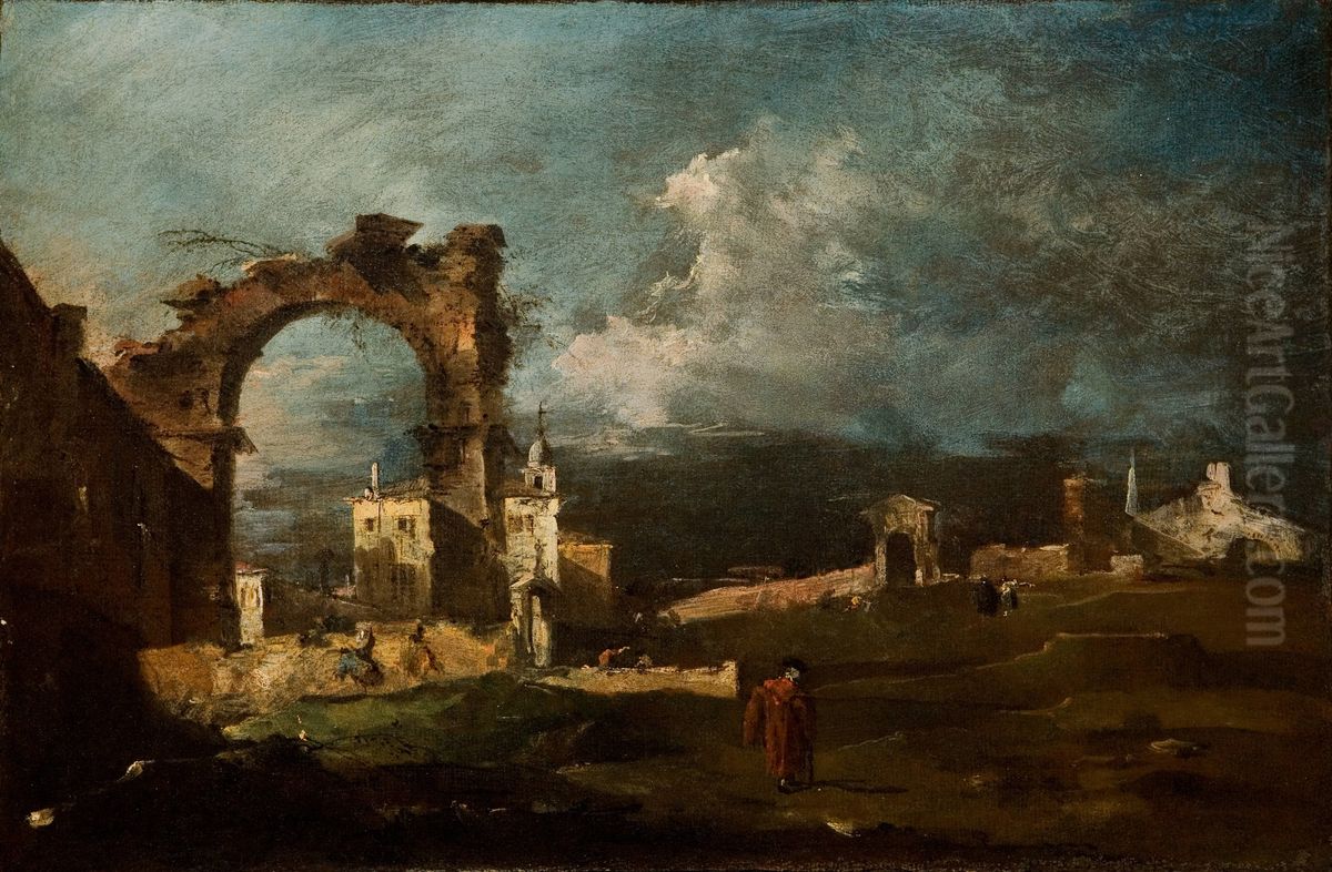 Caprice with Ruins of an Arch and a Villa in the Background, Fantasy View (Capriccio arco rovinato e una villa nello sfondo (Veduta di fantasia)) Oil Painting by Francesco Guardi